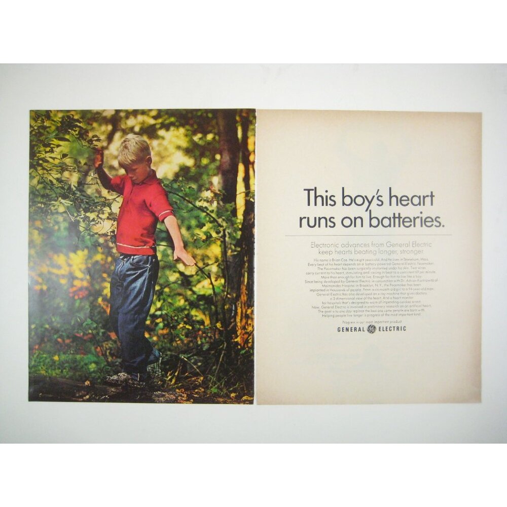 Vintage General Electric  Print AD 2 Page Boys Heart Runs On Batteries 1960s GE